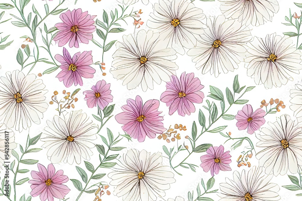 Spring Garden variety flowers hand drawn seamless pattern. Vintage Romantic Bloom design. Curiosity 