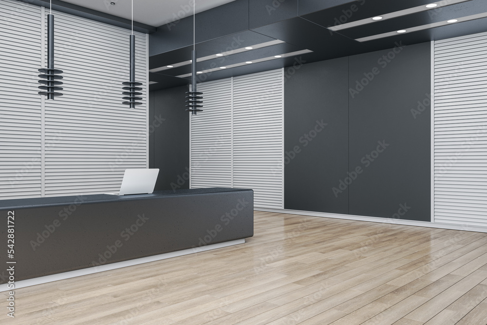 白色板条和黑色墙壁的宽敞办公室深色时尚接待区透视图