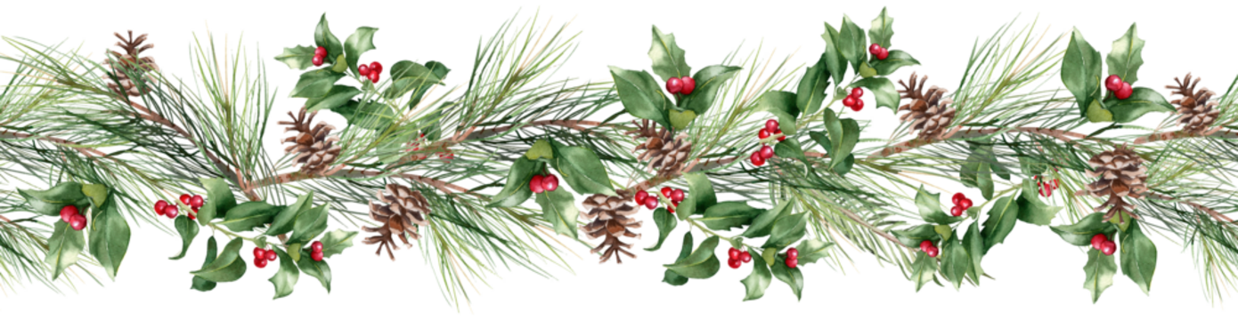 圣诞节装饰无缝边框。水彩横幅。一品红、松枝、松果、冬青、冬青果。重复的花环。节日元素在透明背景上孤立呈现 