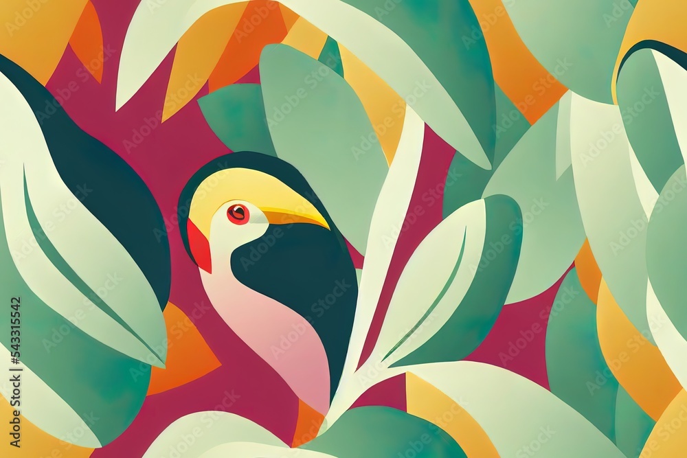 夏季可爱的彩色无缝图案，带有热带植物和巨嘴鸟、香蕉、腰果等。数码