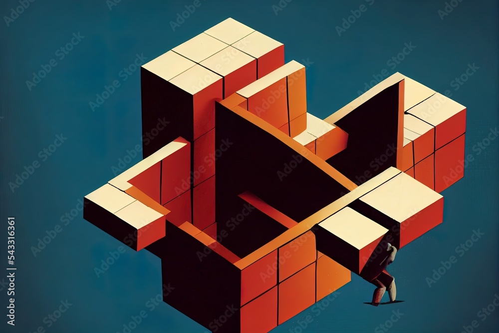 大力士在方形洞里推着一个沉重的大立方体的插图，超现实的挑战conc