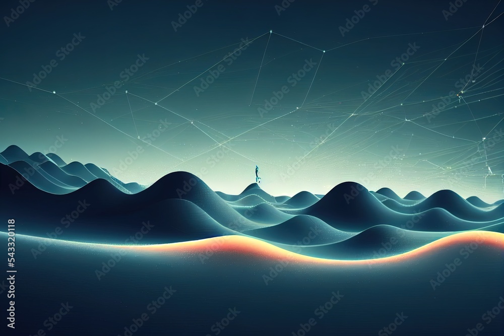 3D波浪景观上具有连接点的技术背景。数据科学、粒子、数字世界