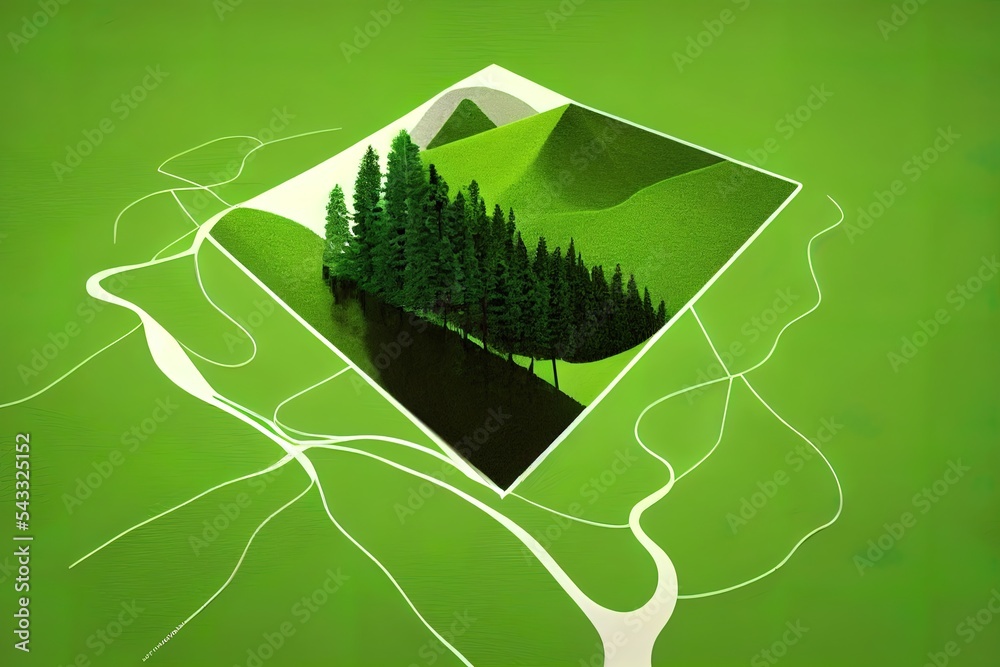一片绿色土地的三维插图，与世隔绝，富有创意的旅行和旅游越野设计树木。