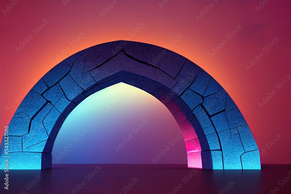 3d渲染，抽象霓虹灯背景，彩色方拱门和石头废墟，产品展示