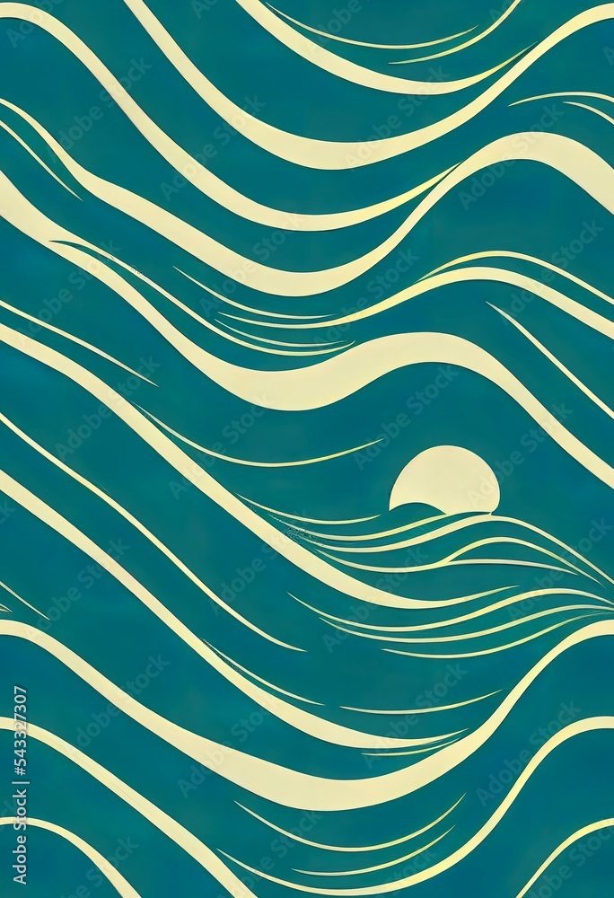 复古大气奢华水波无缝图案。装饰艺术风格的蓝色海浪背景。2