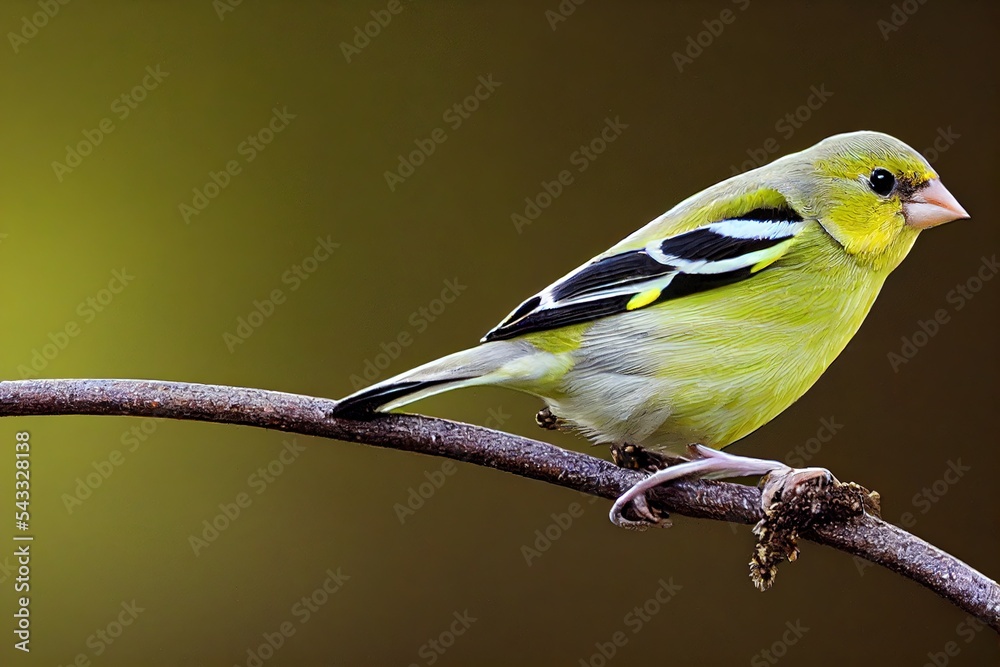 欧洲绿雀科（Chloris Chloris）。身体呈鲜黄色的小鸟。鸣鸟坐在上面