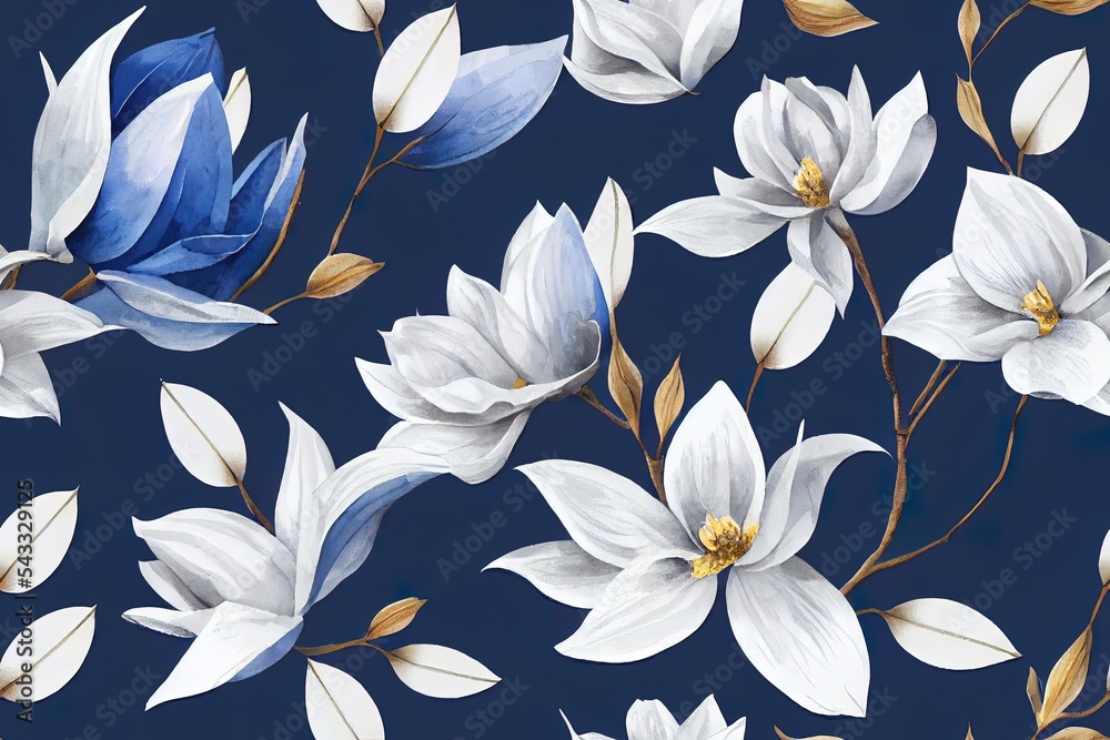 Floral seamless pattern, magnolia flowers, tropical design in dark blue colors. Watercolor 3d illust