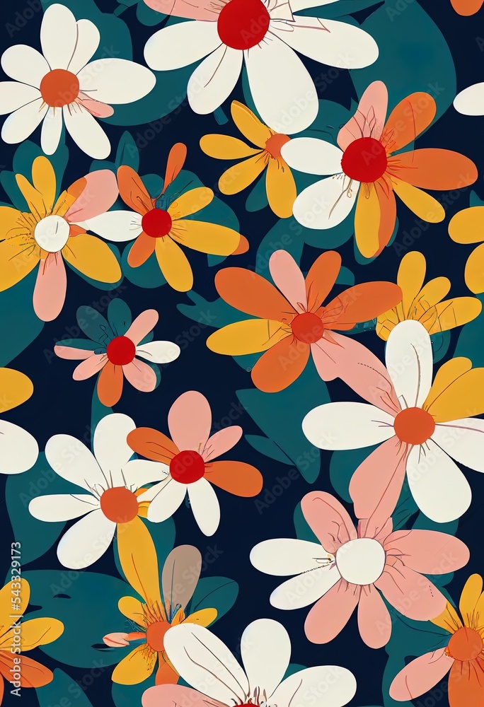 Colorful seamless 2d illustrated pattern with cartoon flowers. Cute groovy elements, fun modern illu