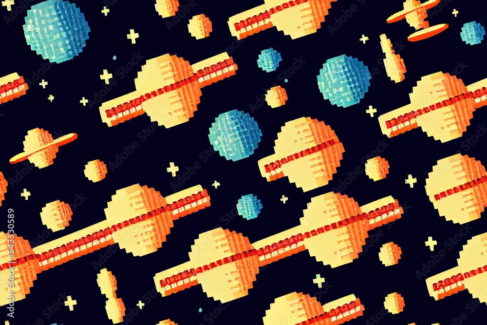 8位复古视频游戏模式。怀旧的太空快门无缝背景与UFO和飞船