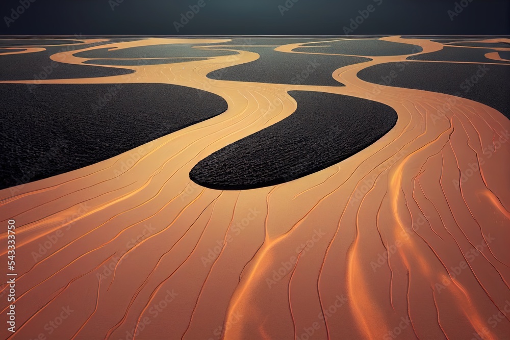 背景是土表面隔离的梦幻漂浮道路，沙地上的飞行沥青道路