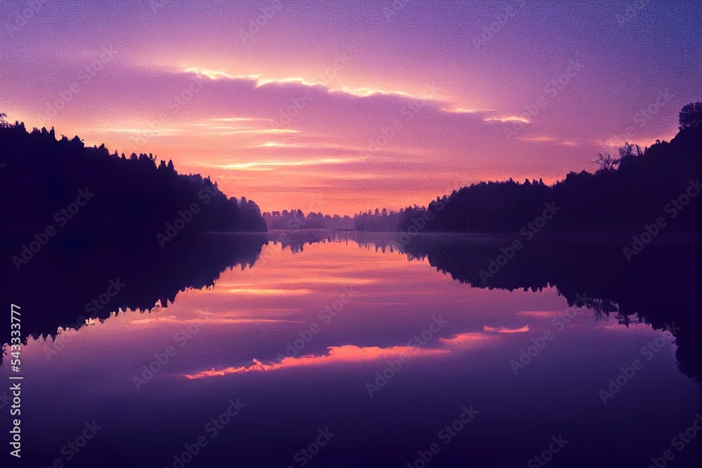 Calm water and reflections from trees and sky. Beautiful silence morning at sunrise, dawn in early w