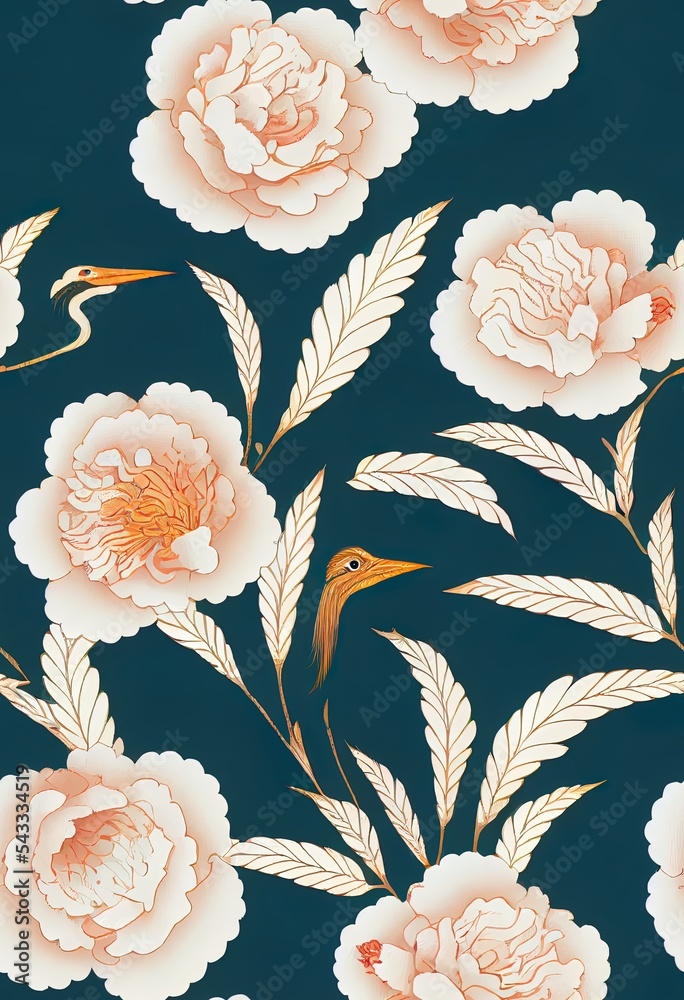 Seamless pattern in chinoiserie style with herons, peacock, birds and peonies. 2d illustrated,