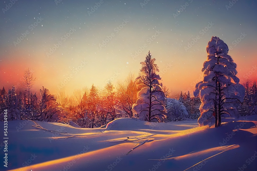 壮丽的冬季景观。日落时阳光下的霜松树。圣诞假期概念，unu