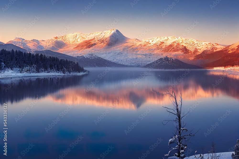 一个旅行者在冬天的高山湖上遇到黎明。清晨的冬季高山景观。大阿拉木图拉