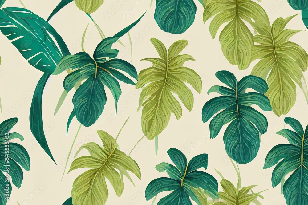 粉彩香蕉叶，棕榈。热带无缝图案。手绘复古3D插图。