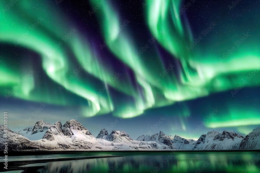 北极光。挪威罗弗敦群岛。极光。绿色的北极光。带极光的星空