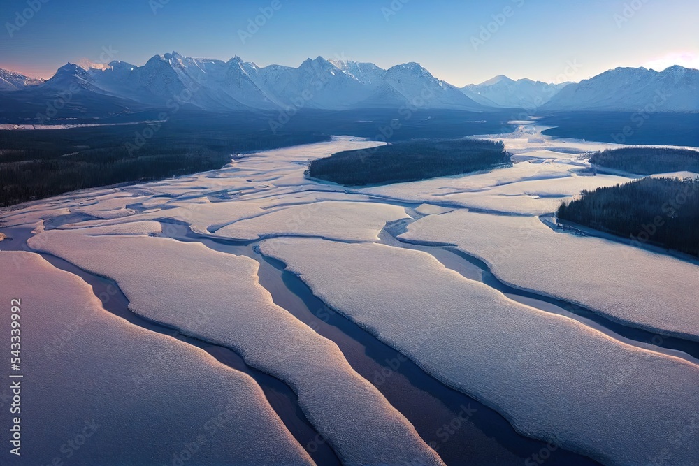 俄罗斯西伯利亚阿尔泰山脉的Kidelu湖。白雪覆盖的树木和山脉。无人机鸟瞰图