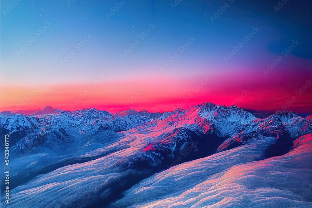 从飞机上俯瞰加拿大冬季蓝雪覆盖的山脉景观。彩色粉红色