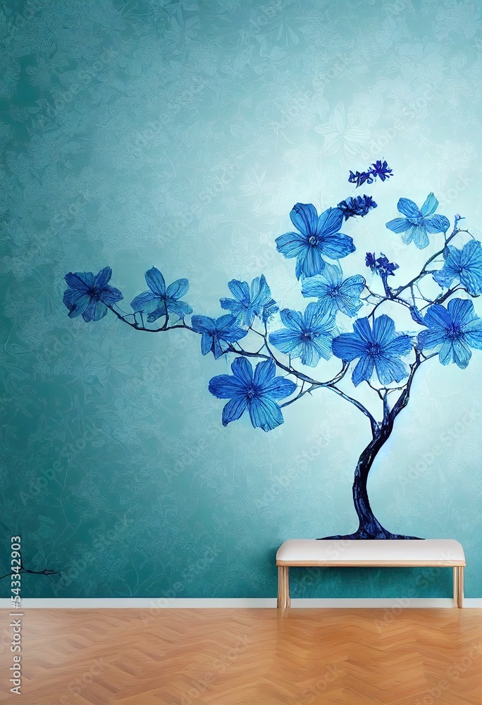 带有蓝色花朵的3d图片树，用于数字打印墙纸、定制设计墙纸