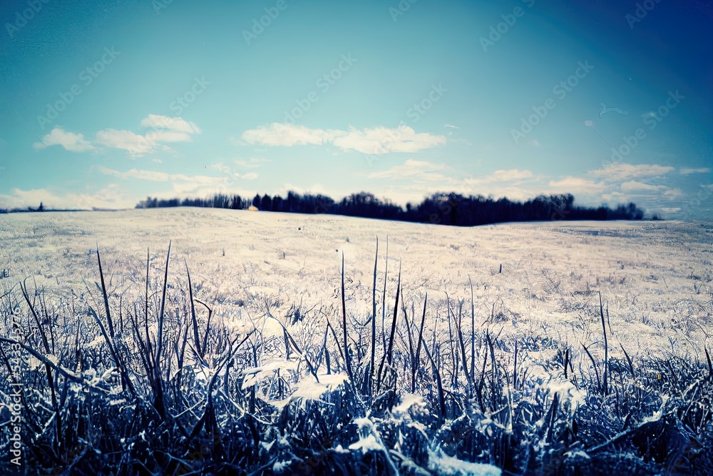 冬季雪地上干燥的草枝和花朵。季节性寒冷的自然背景。冬季l