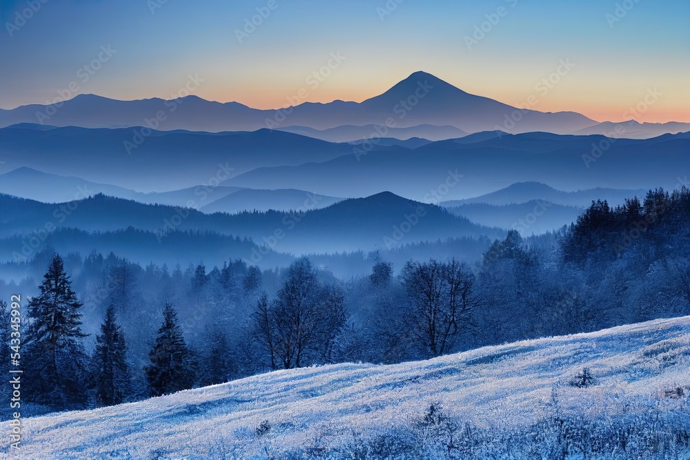在寒冷的日子里，雪山如画。喀尔巴阡山脉的位置，U