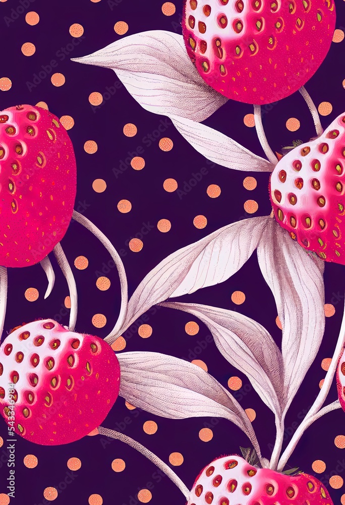 可爱的手绘花卉、草莓和樱桃，背景为圆点图案。