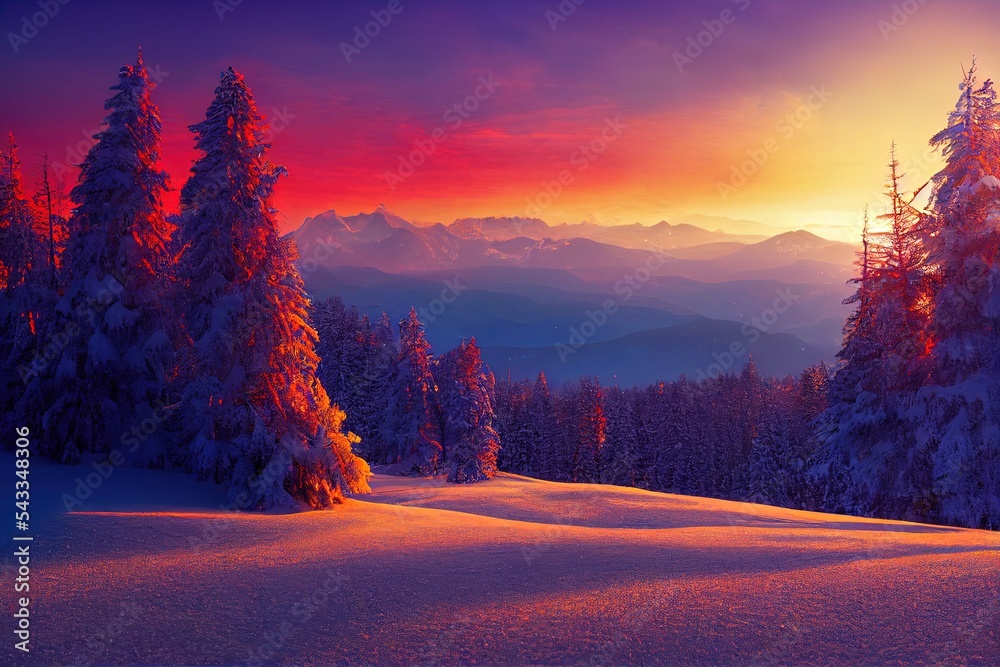 喀尔巴阡山脉的冬季日出令人惊叹，树木被雪覆盖。五颜六色的户外场景，哈
