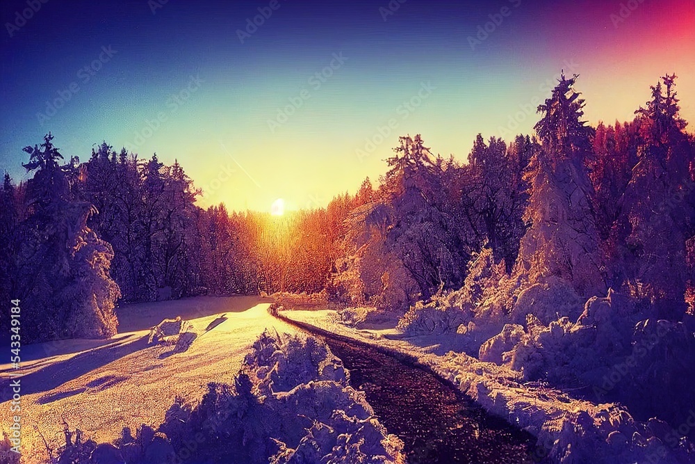 壮丽的冬季景观在早晨被阳光照耀。戏剧性的冬季场景。地点Carpat