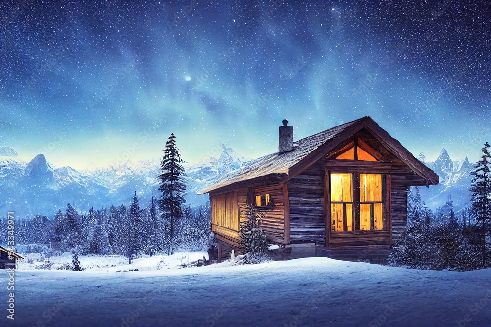 雪山木屋的奇妙冬季景观全景。星河星空