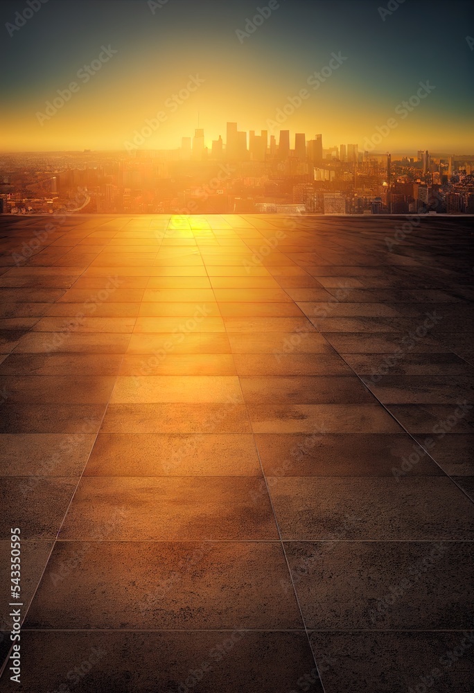带有城市天际线的空混凝土瓷砖地板全景。日落场景。3d渲染