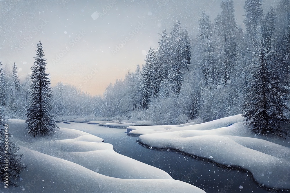 冬季景观。白雪皑皑的针叶林和降雪的全景
