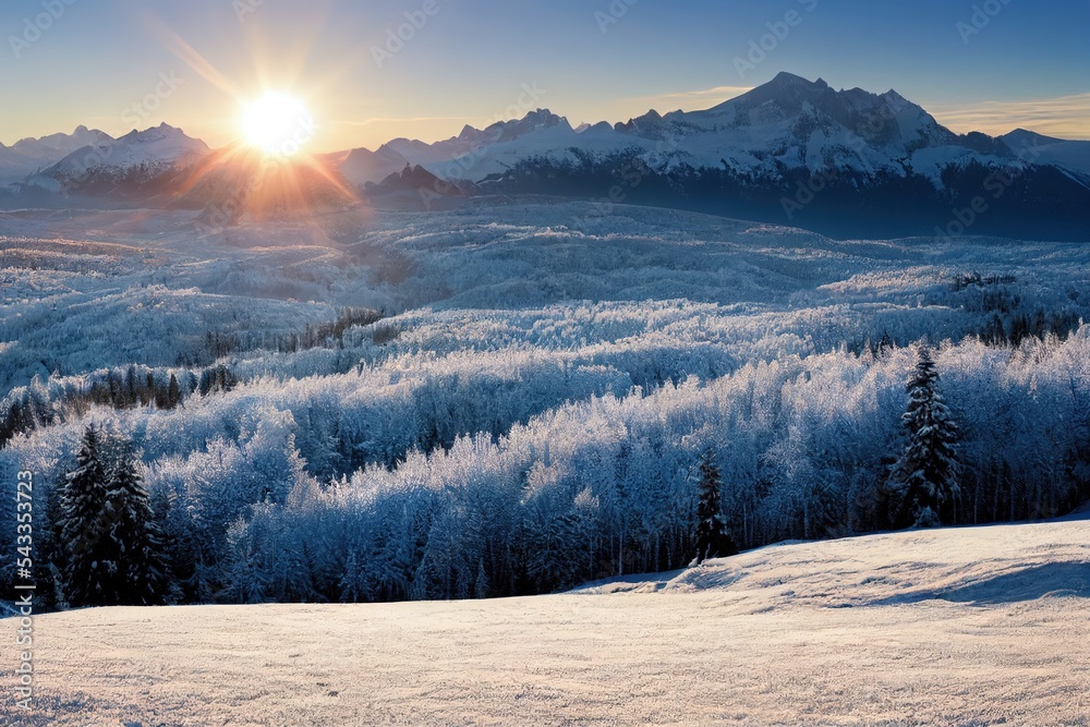 高山景观，白雪和蓝天。大自然中的日落冬季。下面是霜冻的树木