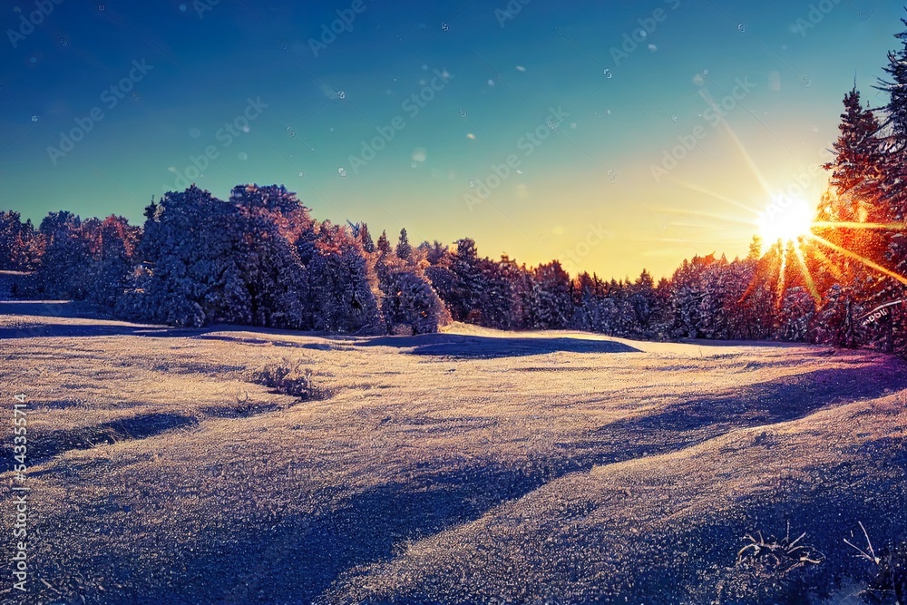 美丽而温和的冬季景观。白雪皑皑的自然背景下的冰冻草地。寒冷的冬季，来自