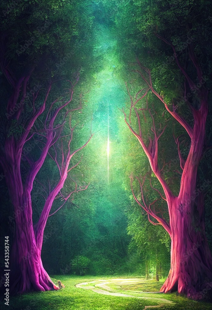 童话般的大门，绿色森林中路边有粉红色的灯。女巫和巫师的秘密之门
