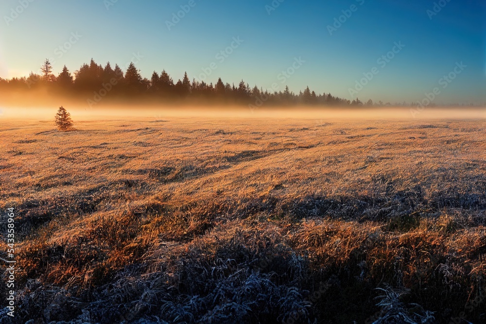 美丽的秋季雾蒙蒙的日出景观。11月雾蒙蒙的早晨和风景优美的高山上的白霜