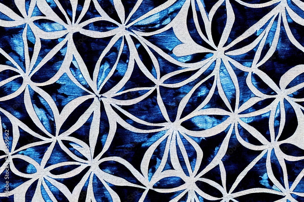 白色棉上靛蓝色扎染织物。手绘织物。Shibori抽象染色