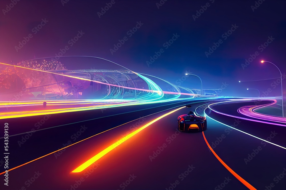 霓虹灯高速公路上的跑车。超级跑车在彩色夜间赛道上的强劲加速