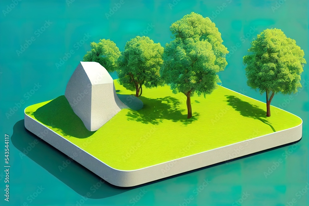 智能手机在一个漂浮的岛屿上的三维插图，岛上有一片孤立的绿地。飞行的土地