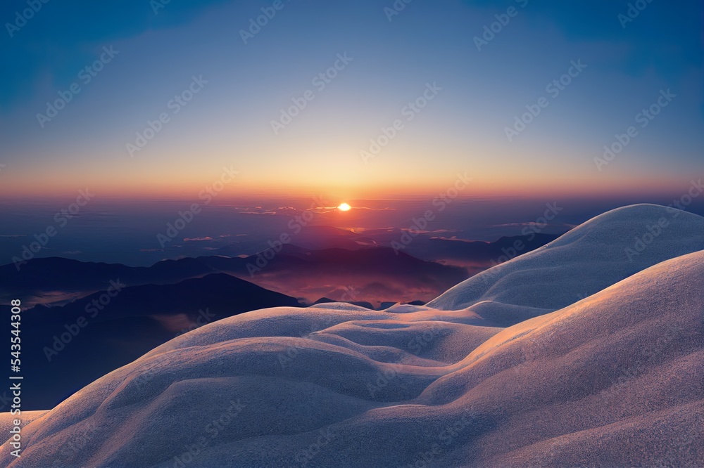 日本青森市冬季日落的山顶