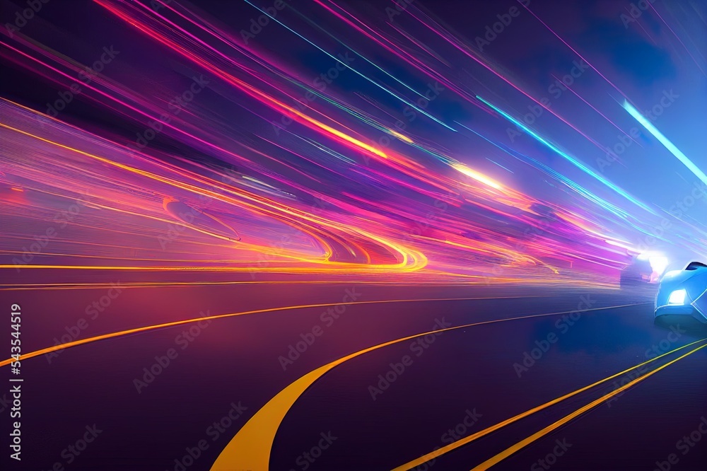 霓虹灯高速公路上的未来主义跑车。超级跑车在夜间赛道上的强劲加速