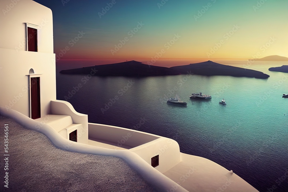 地中海豪华门墙到海景和楼梯圣托里尼岛风格的3D渲染