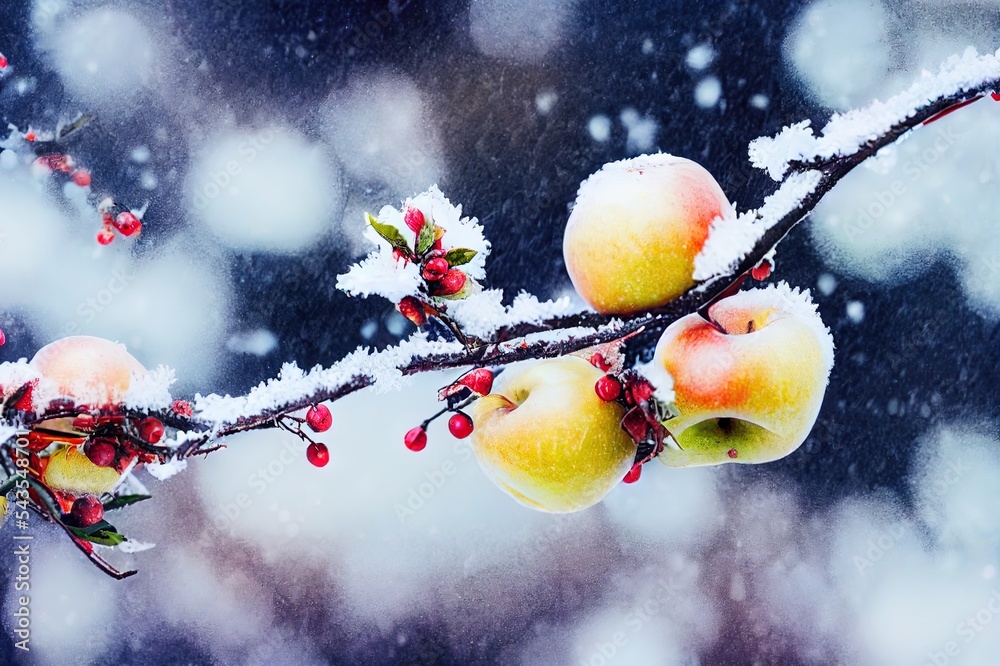 树枝上的小黄苹果，树上有雪。冬天或深秋的景象，美丽的大自然带着w