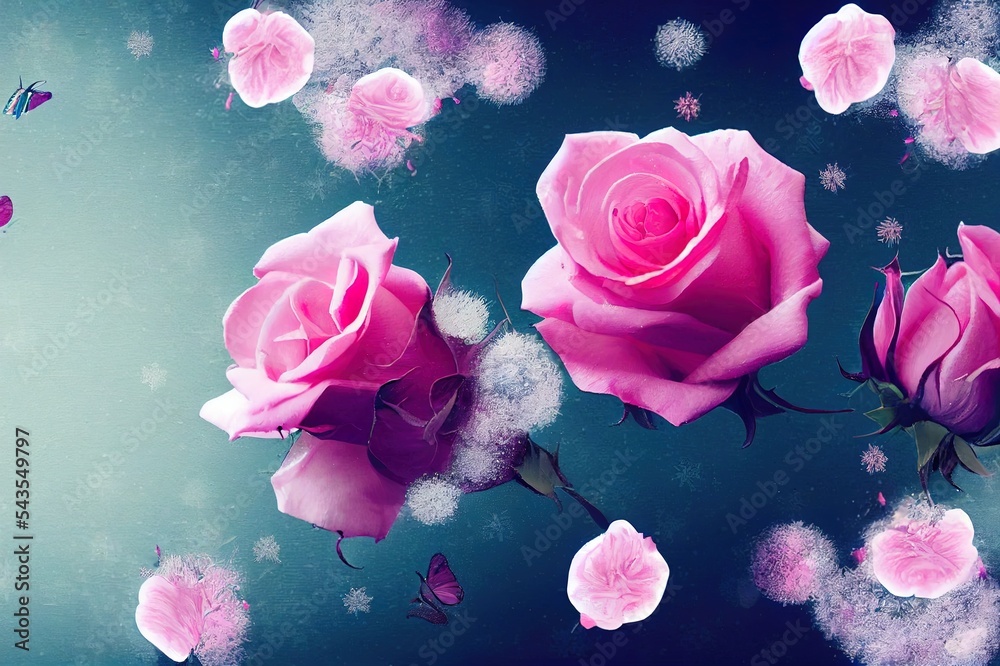 美丽的粉红色玫瑰和蝴蝶在雪和霜中，蓝色和粉红色的背景。艺术w
