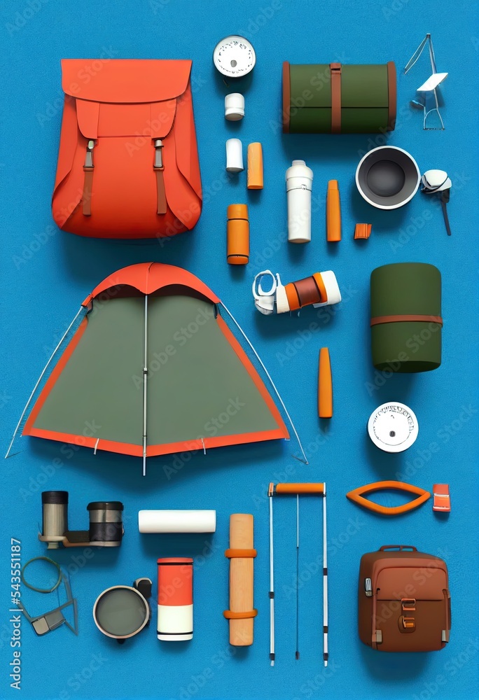 一套露营设备，带旅游帐篷、背包、灯笼、木桌、蓝色隔离双筒望远镜