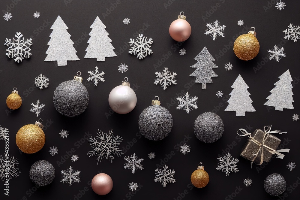 圣诞背景由深色黑板上的自然冬季事物制成。平躺。