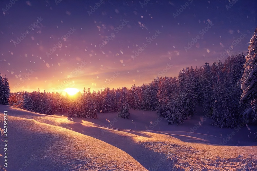 美丽的冬季自然景观，令人惊叹的日落山景。白雪皑皑的林地风景。