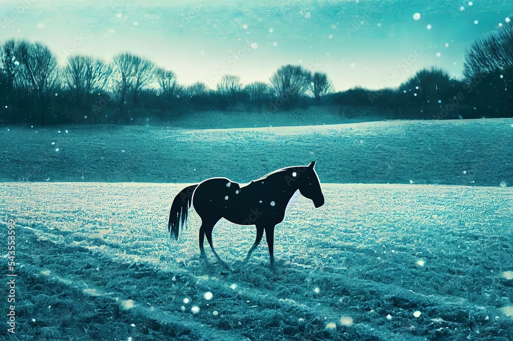 冬天有风的一天，一匹马在围场里。可见雪花、风和霜。马的特写