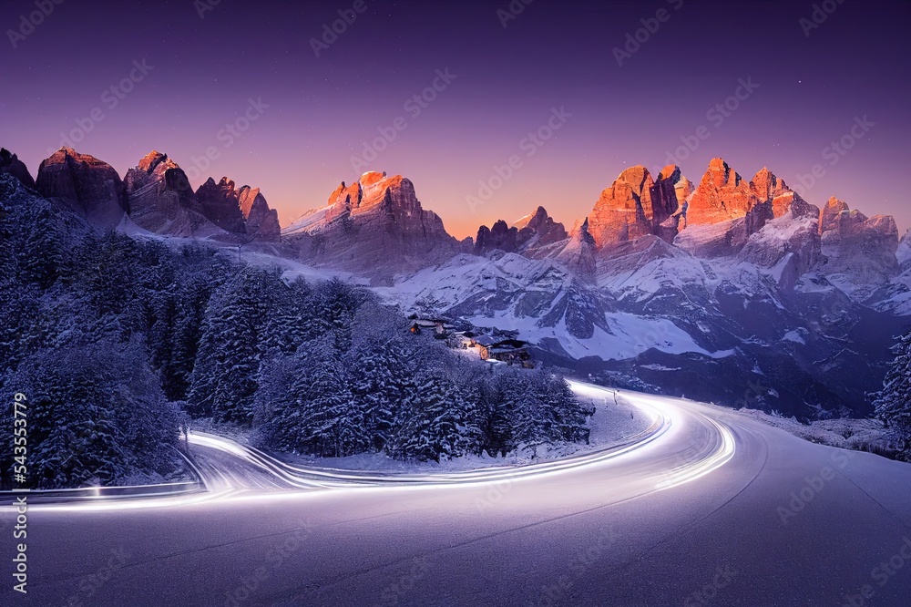 冬天夜晚，蜿蜒的道路上，雪山和模糊的汽车前灯。美丽的风景