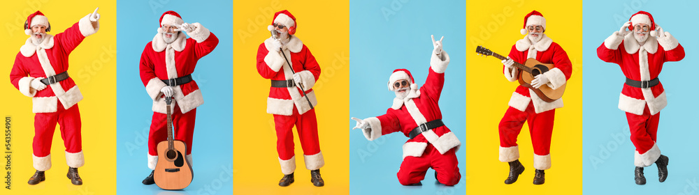 圣诞老人在彩色背景下听音乐、唱歌、弹吉他的场景