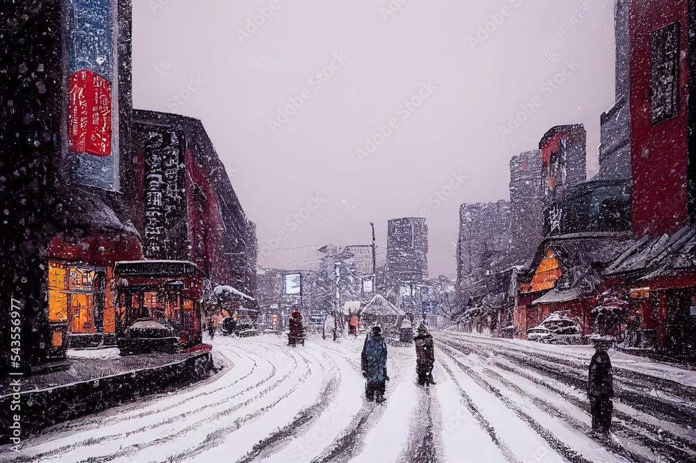 雪天札幌市的城市景观，带复制空间，日本北海道，冬季。
